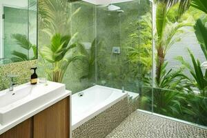 AI generated Tropical Style Bathroom. Pro Photo