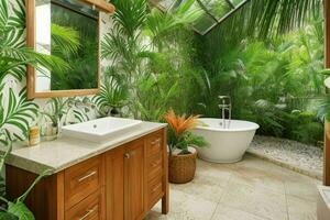 AI generated Tropical Style Bathroom. Pro Photo