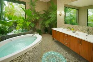 AI generated Tropical Style Bathroom. Pro Photo