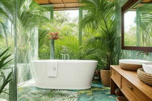 AI generated Tropical Style Bathroom. Pro Photo