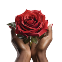ai generiert Hand umklammern ein auffällig rot Rose, Blume von Liebe png