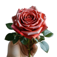 ai generiert Hand umklammern ein schön rot Rose, ausdrucksvoll Romantik png