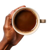 ai generiert oben Nieder Aussicht von Hand mit Kaffee, Wärme im ein Tasse png