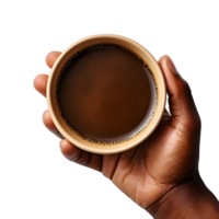 AI generated Hand Holding Steaming Cup, Top Down Coffee Bliss png