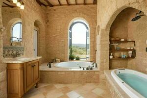 AI generated Mediterranean Style Bathroom. Pro Photo