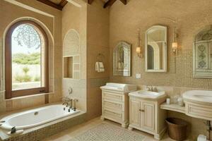 AI generated Mediterranean Style Bathroom. Pro Photo