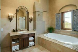 AI generated Mediterranean Style Bathroom. Pro Photo