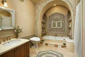 AI generated Mediterranean Style Bathroom. Pro Photo