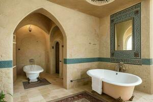 AI generated Mediterranean Style Bathroom. Pro Photo