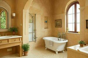 AI generated Mediterranean Style Bathroom. Pro Photo