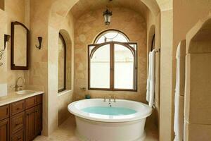 AI generated Mediterranean Style Bathroom. Pro Photo