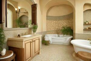 AI generated Mediterranean Style Bathroom. Pro Photo