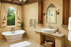 AI generated Mediterranean Style Bathroom. Pro Photo