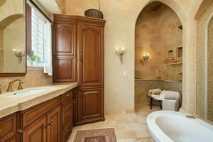 AI generated Mediterranean Style Bathroom. Pro Photo