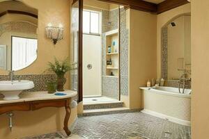 AI generated Mediterranean Style Bathroom. Pro Photo