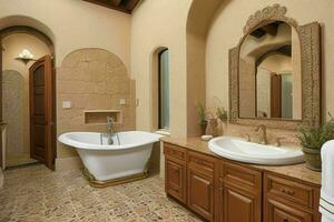 AI generated Mediterranean Style Bathroom. Pro Photo