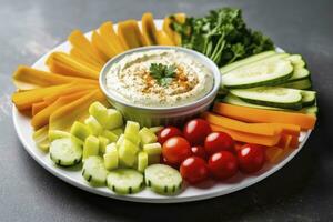 AI generated Crop shot of plate with colorful healthy sliced vegetables. AI Generated photo