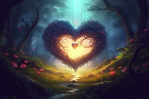 AI generated Colorful fantasy heart, light beam, green forest field. Generative AI photo