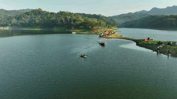Aerial View of Boat Crossing on Beautiful Artificial Lake in Sermo Reservoir video