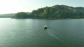 Aerial View of Boat Crossing on Beautiful Artificial Lake in Sermo Reservoir video