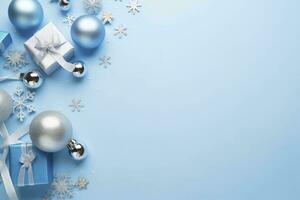 AI generated Christmas Eve concept. Top view photo of blue and silver baubles snowflake ornaments stylish present boxes and confetti. AI Generated