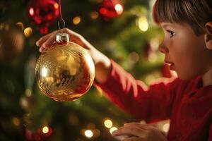 ai generado niño decorando Navidad árbol de cerca. ai generado foto