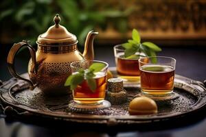 AI generated Traditional Moroccan tea set with decorative teapots, glasses, and mint leaves. Generative AI photo