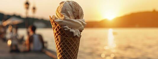 AI generated Banner with ice cream in a waffle cone on a summer day. Generative AI photo