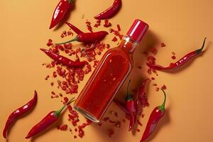 AI generated Tabasco hot pepper sauce with red chili pepper, flat lay. Generative AI photo