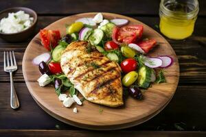 AI generated Seared chicken breast and Greek salad on a wooden table. Generative AI photo