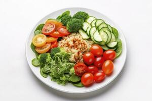 AI generated Salad with quinoa, spinach, broccoli, tomatoes, cucumbers and carrots. AI Generated photo