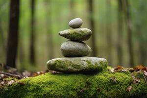 AI generated Pyramid stones balance on old mossy fallen tree. AI Generated photo