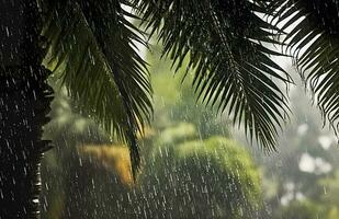 ai generado lluvia en el zona tropical durante el bajo temporada o monzón estación. gotas de lluvia en un jardín. generativo ai foto