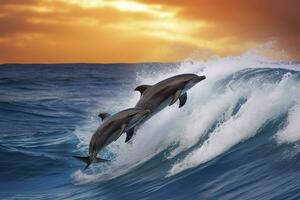 AI generated Playful dolphins jumping over breaking waves. Hawaii Pacific Ocean wildlife scenery. Generative AI photo