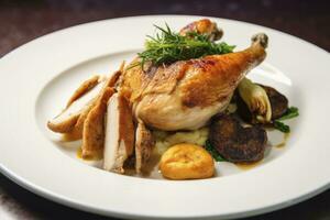 AI generated Plated chicken roast dinner on a white plate with carrot and morel mushroom. AI Generated. photo
