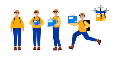 Courier Young Man Character Set. Delivery man in uniform holding boxes in different poses. Vector illustration.