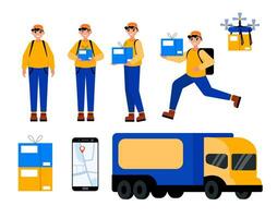 Courier Young Man Character Set. Delivery man in uniform holding boxes in different poses. Vector illustration.