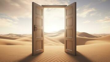 AI generated The opened door on the desert. Unknown and start up concept. AI Generated. photo