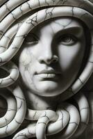 AI generated Portrait of cyborg medusa close up carved in marble. AI Generated photo