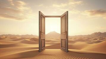 AI generated The opened door on the desert. Unknown and start up concept. AI Generated. photo