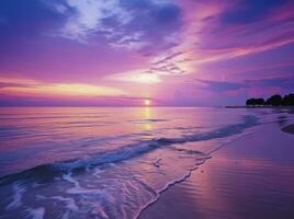 AI generated Summer beach with blue water and purple sky at the sunset.  AI Generated. photo