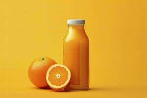 AI generated Orange Juice bottle on orange background. AI Generated photo