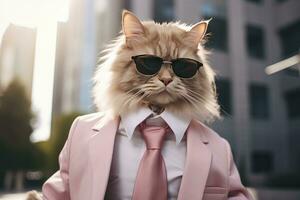 AI generated A cat is wearing sunglasses, suit and standing on street. AI Generated photo