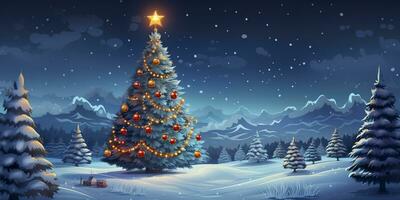 ai generado casa con Navidad árbol en invierno para alegre Navidad y contento nuevo año. ai generado foto