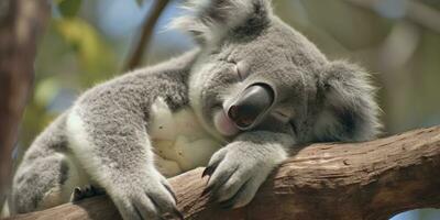 AI generated Koala asleep in tree. AI Generated photo