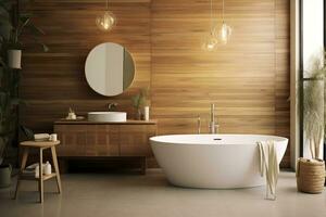 AI generated Interior of stylish bathroom with wooden cabinet, sink, bathtub, and mirror. AI Generated photo