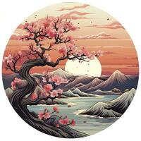 AI generated Cherry blossoms in the sunset background. Japanese tattoo style. AI Generated photo