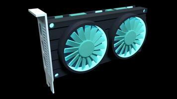 Dual fan graphics card animation. Computer component icon. 3D render video card. Transparent background with alpha channel