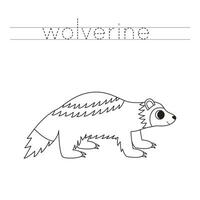 Trace the letters and color cartoon wolverine. Handwriting practice for kids. vector