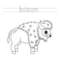 Trace the letters and color cartoon bison. Handwriting practice for kids. vector